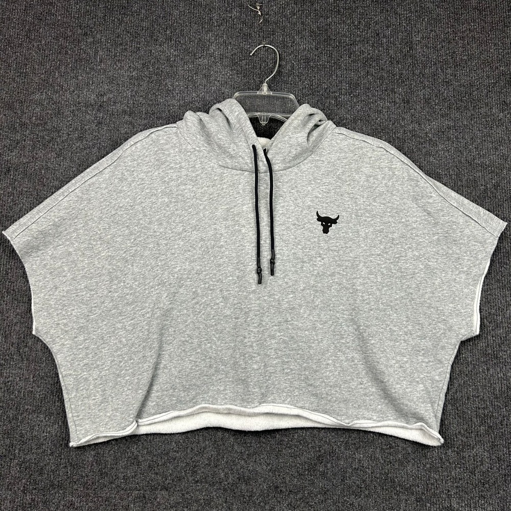 Under Armour Project Rock Hoodie Crop Sweater Fleece Pullover Gray Black Sz Med - Picture 1 of 9